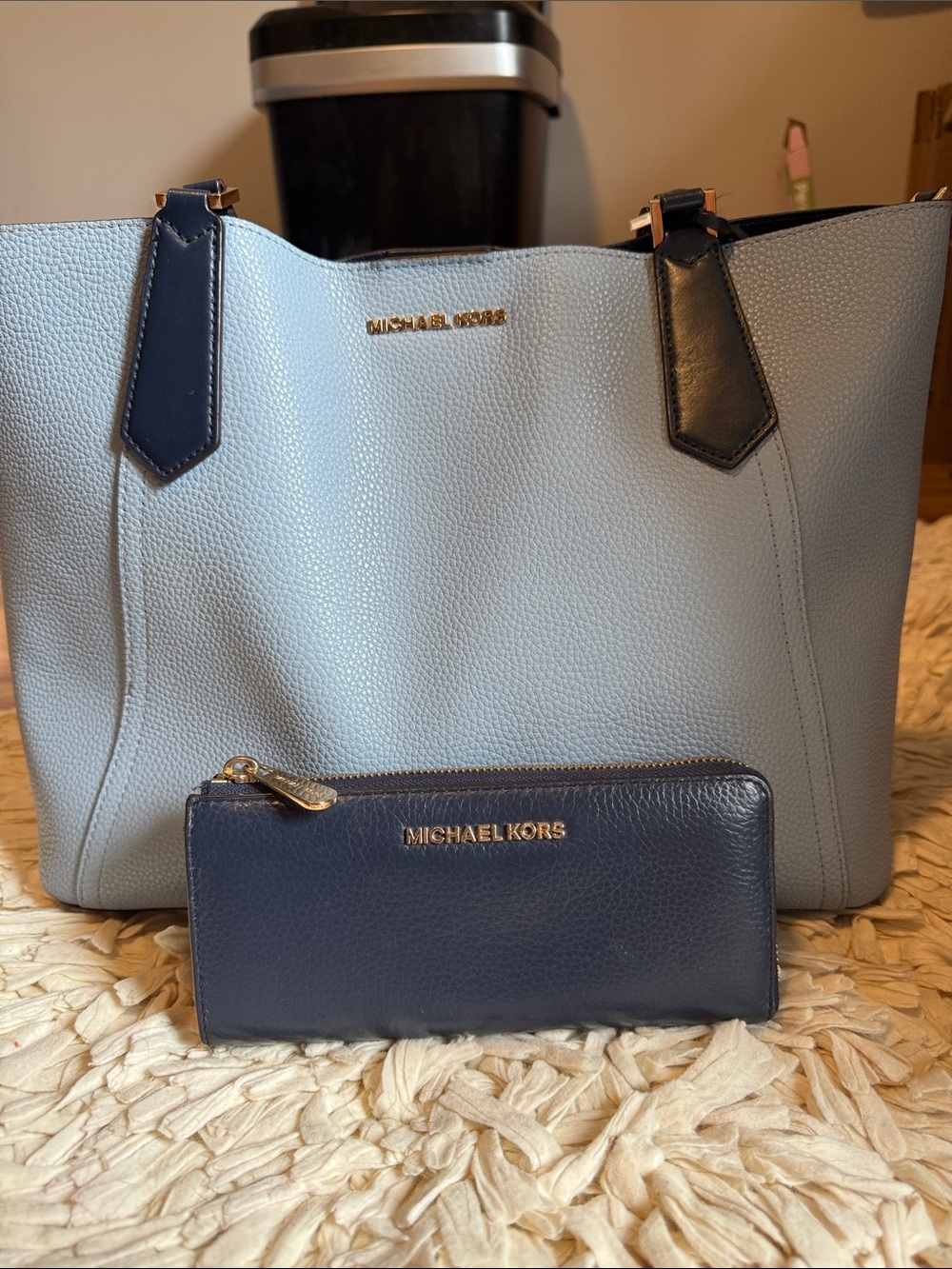 Michael Kors pebble leather light blue and navy tote and wallet set